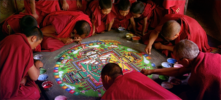 Sand mandala at Thiksey monastery, still from the film Samsara